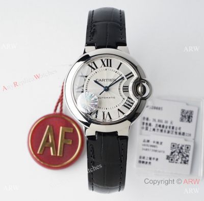 (AF Factory) Swiss Replica Cartier new Ballon Bleu de 33mm Silver Dial Black Leather Strap